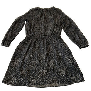 RALPH LAUREN Frill Dress 4 Black Beige Print Sheer Lined Keyhole Ruffle Neck